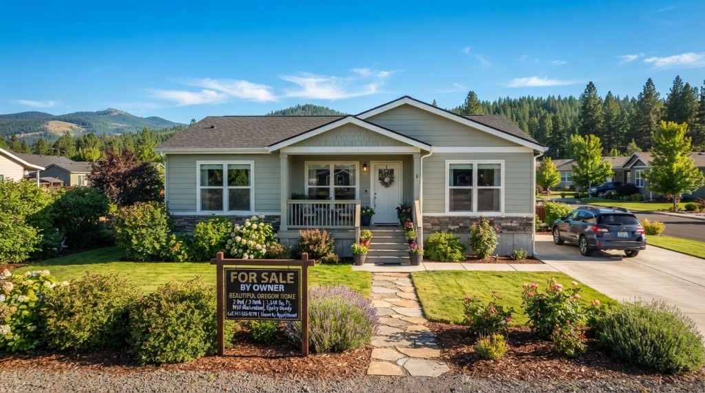 Manufactured home with a for-sale-by-owner sign